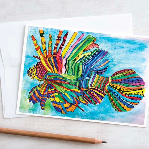 COLORFUL LIONFISH Card, Blank Folded, Coral Reef Flashy, Hungry Predator Zebra Fish with Venomous, Needle Sharp Spines, Rainbow Colored