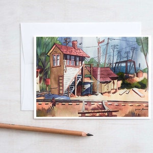 WHISTLE STOP Card, Estación de tren, Stationmaster Switch Tower, Señal, Acuarela, Arte mural, Tarjeta de notas, Papelería