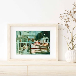 FOGGY HARBOR Watercolor Print, Nautical Wall Art Painting, Hazy Misty Dock, Pier, Wharf, Fishing Tug Boat Trawler, Dinghy, Pacific Northwest