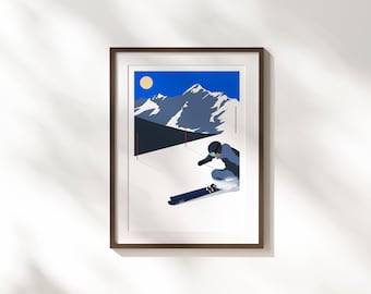 Skiier Print - Skiing in the Mountains Wall Art Poster - A3 | A4 | 30 x 40cm Size - Winter Poster