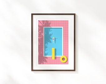 Pool Print - A3, A4, 30 x 40 Print - Tropical Summer Decor - Swimming Pool - Modern Beach Poster - Modern Bold Pink Wall Art - Hockney