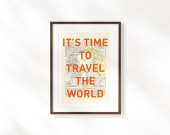 Voyagez dans le monde Fine Art Print | affiche d’illustration de voyage vintage | Rétro Wanderlust disant affiche | Impression de cartographie de carte colorée