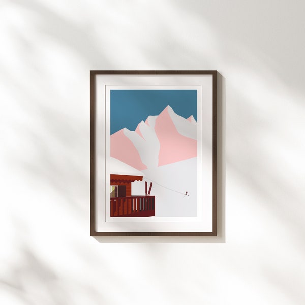 Impression d'art chalet de ski montagnes - A3, A4, 30 x 40 cm - art mural ski d'hiver - impression minimaliste moderne de style Scandi - affiche de montagne