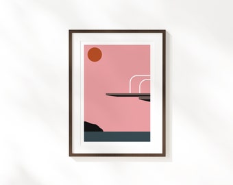 Plongeoir Summer Beach Art Print - A3, A4, 30 x 40 cm Art mural tropical moderne / Affiche de plage paysage coucher de soleil / Art déco - Best-seller