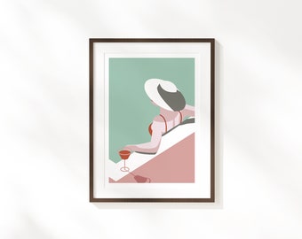 Woman & Wine Fine Art Print - A4, 30 x 40cm | Standard Frame Size | Beautiful Pool Print for the bedroom UK