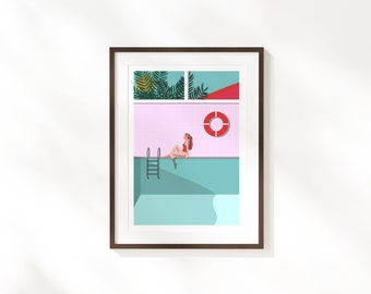 Poolside Art Print - 30x40cm A4 Size - Modern Tropical Wall Art - Pink Blue Illustration Print - Modern Bathroom Decor - Swimming Pool Trend