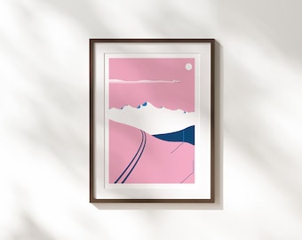 Ski Tracks Fine Art Print - A4, 30 x 40cm / Minimal Pink & Blue Mountains Landscape Poster