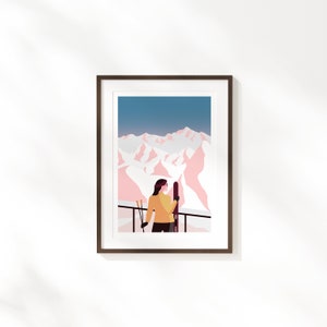Mountain Skier Art Print - A4 A3 Size - Winter Mountains Fine Art Print - Modern Minimal Scandi Style Art - Ski Alps Poster