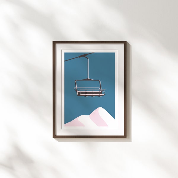 Chair Lift Skiing Art Print - 30 x 40cm, A4 A3 Size - Mountain Skiing Art - Scandi Style - Modern Minimal Poster - Snowboard Winter Print