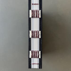 Op de afbeelding: Een klein, wit boek met een zwarte omslag en bruine stiksels. Het boek is gebonden met een koptische steek.
