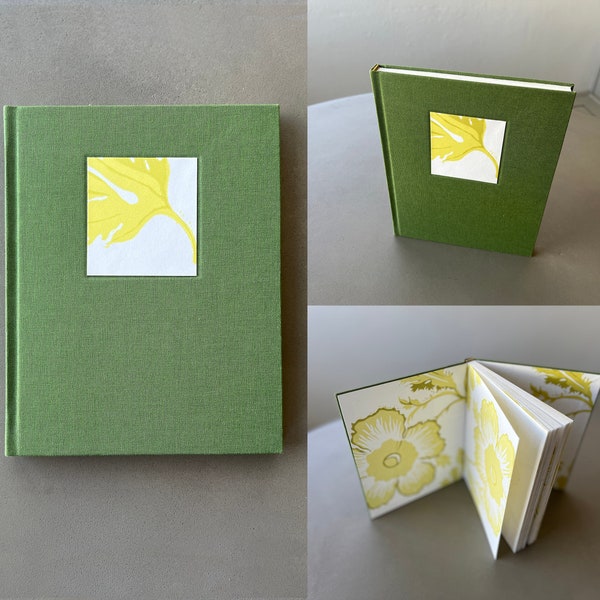 Letterpress Green Handmade Book, Floral Cloth Bound Book, Handbound Perfect Book Binding, Mixed Media Art Journal