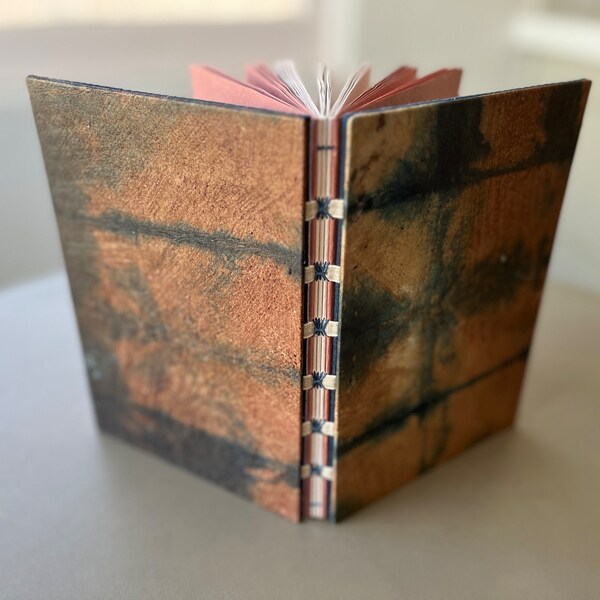 Handmade journal, Handbound sketchbook with handmade paper, Indigo kakishibu dyed handmade book, Exposed spine bookbinding