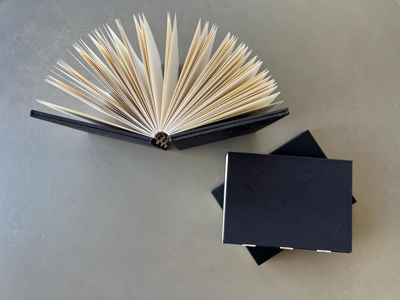 May include: Two black hardcover journals with blank pages. The journal on the left is open, revealing the blank pages inside. The journal on the right is closed.