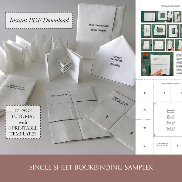 Bookbinding tutorial, Printable single sheet book binding kit, DIY paper crafts, Book folding patterns with templates and instructions