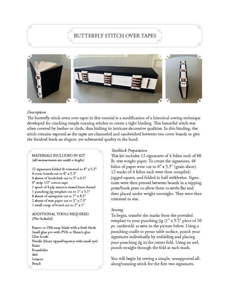 May include: A close-up of a bookbinding tutorial showing a book with a black cover and a white spine. The book is bound with a butterfly stitch over tapes. The tutorial includes a list of materials and tools needed for the project. The text includes the title "Butterfly Stitch Over Tapes".