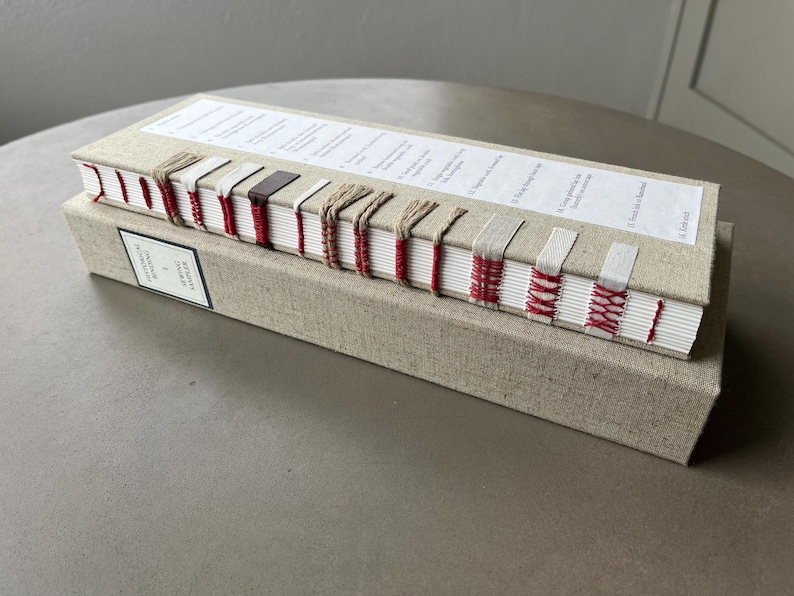 Op de afbeelding: Een in linnen gebonden boek met rode en witte stiksels op de rug. Het boek is getiteld "Een geschiedenis van de wereld in 100 objecten".