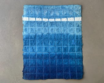 Indigo Dyed Hemp Handmade Paper, Grid Pattern Art, 11x14