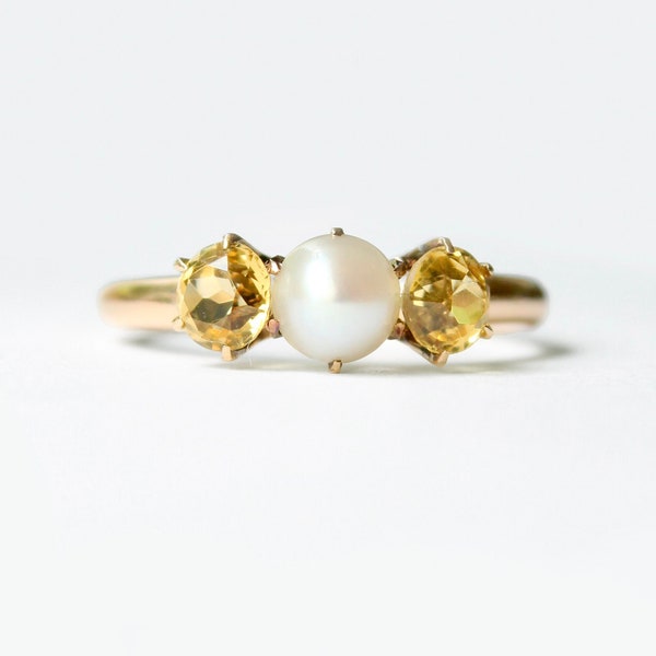 Vintage Pearl Ring, 14K Gold Citrine Ring, Three-stone Ring
