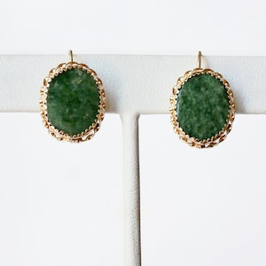 Gold Jade Earrings, 14K Vintage Earrings, Nephrite Dangle Earrings