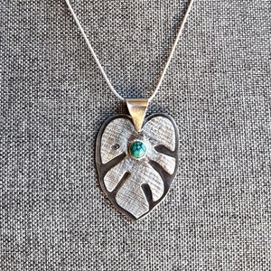 Monstera Leaf Necklace, Sterling Silver Tropical Jewelry, Gemstone Pendant, Artisan Made in USA