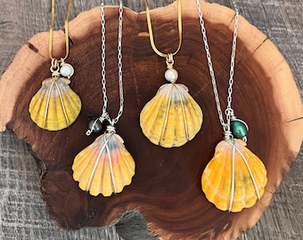 Hawaiian Sunrise Shell Necklaces, Tropical Necklace with Pearls, Genuine Sunrise Shells