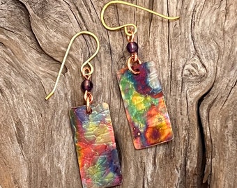 Amethyst and Copper Rectangle Earrings, Flame Painted, Birthstone Earrings