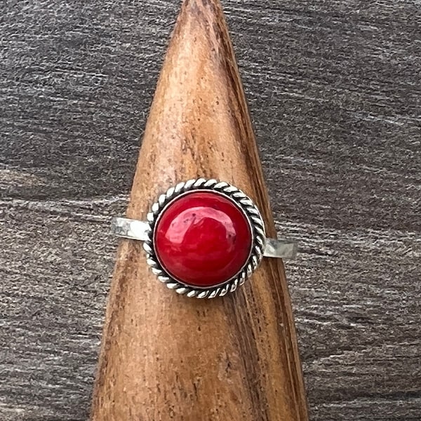 Red Coral and and Sterling Silver Ring, genuine Gemstone, Size 9.25, Artisan Made in USA