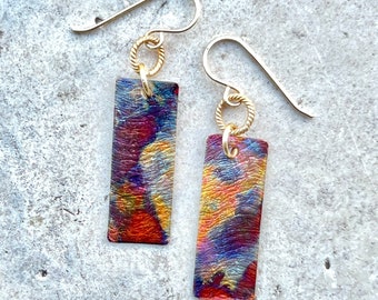 Flame Painted Copper Earrings: Textured Mixed Metal Jewelry