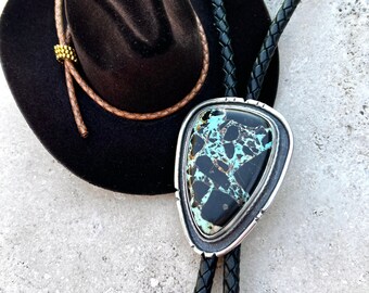 Bold Blackjack Turquoise Bolo Tie, Sterling Silver Artisan Made in USA,  Cowboy Tie, Genuine Gemstone