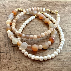 Genuine Gemstone Bracelet Trio, Sunstone, Agate Druzy, Pearl, Petite Bracelet Set