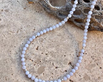 Blue Lace Agate Beaded Necklace, Sterling Silver Accents, 19.5  inches, USA Made