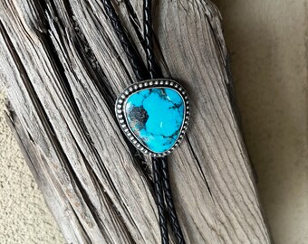 Turquoise Bolo Tie, Sterling Silver Artisan Made in USA, Cowboy Southwest Tie,  Genuine Gemstone