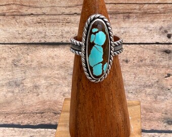 Number 8 Turquoise Ring Sterling Silver  Size 7.5, Artisan Made in USA