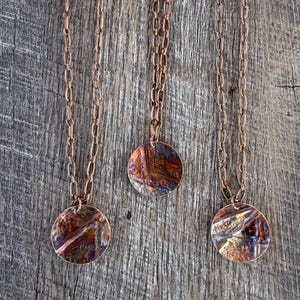 Fold Formed Flame Painted Copper Necklace, Hammered Copper Pendants, Hand Forged Casual Jewelry