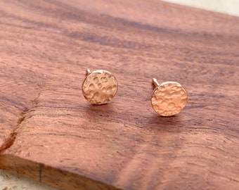 Hammered Rose Gold Stud Earrings, Minimalist Dot Post Earrings, Round Geometric Jewelry, Rose Gold Fill