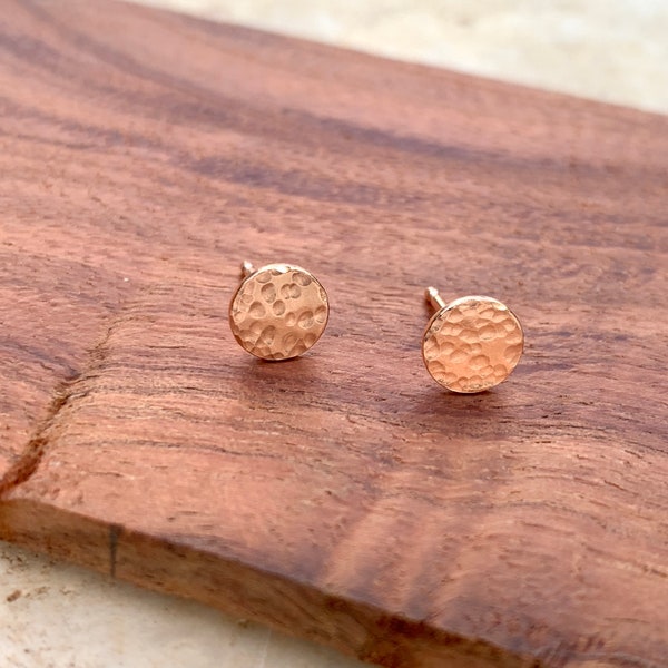 Hammered Rose Gold Stud Earrings, Minimalist Dot Post Earrings, Round Geometric Jewelry, Rose Gold Fill