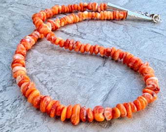 Orange Spiny Oyster Chip Necklace, Sterling Silver Accents, 18 inches, USA Made