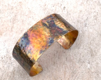 1 “ Flame Painted Copper Cuff, Wide Copper Bangle, Hammered Bracelet