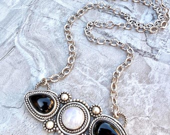 Ornate Onyx and Moonstone Necklace, Sterling Silver, Artisan Made in USA