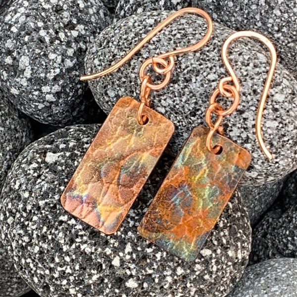 Copper Earrings, Simple Flame Painted Copper Jewelry