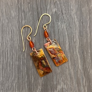 Carnelian and Copper Rectangle Earrings, Flame Painted Artisan Jewelry
