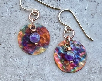 Round Copper and Amethyst Earrings, Flame Painted, Birthstone Earrings
