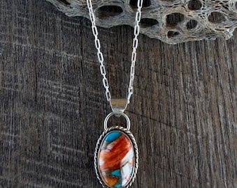 Kingman Turquoise & Spiny Oyster Composite in Sterling Silver Necklace, Artisan Made USA