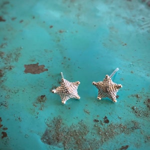 May include: A pair of silver-toned stud earrings shaped like five-pointed stars. Each star features a textured, granular surface with a raised center point and a thin metal post extending from the back for attachment to the earlobe.