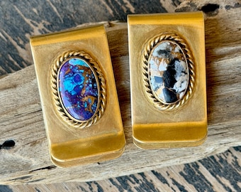 Brass Money Clip with Gemstone Accent, USA Made