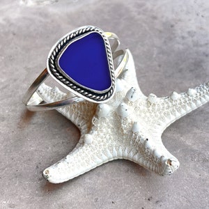 Sea Glass Cuff Bracelet, Sterling Silver Seaglass Jewelry, Rare Blue Beach Glass, Artisan made in USA