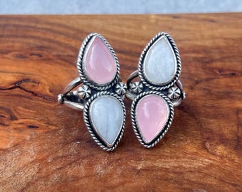 Handmade Sterling Silver Double Stone Ring: Moonstone & Rose Quartz, Sizes 6 and 7