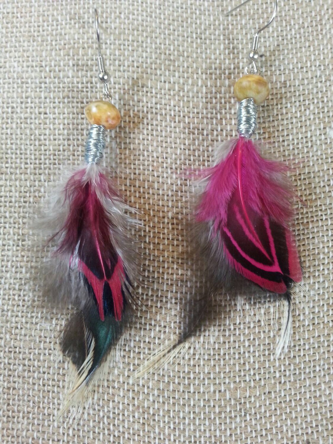 Feather Bead Silver Wire Wrap Dangling Earrings With Etsy