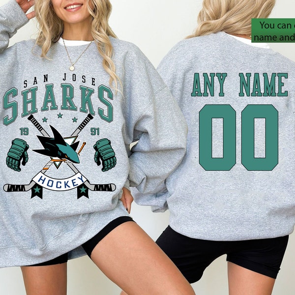 Vintage San Jose Shark Shirt, Sharks Sweater, Hockey Fan Shirt, Retro San Jose Ice Hockey, Personalized Name and Number,