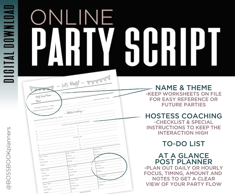 May include: A printable party planning worksheet with the title "Online Party Script". The worksheet includes sections for party name and theme, hostess coaching, to-do list, and an at-a-glance post planner.